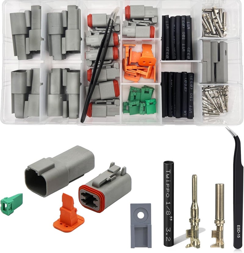 Twippo 2 Pin Deutsch Connectors Kit 8 Sets, Gray DT Connector Kit, 2 Wire Automotive Electrical Waterproof Connectors with 32pcs Shrink Tubing Kit 22-16AWG - Image 1